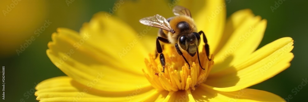 Close-up of honeybee on acacia flower, delicate petals and pollen , bee, gold, botanical Close-up of honeybee on acacia flower, delicate petals and pollen , bee, gold, botanical