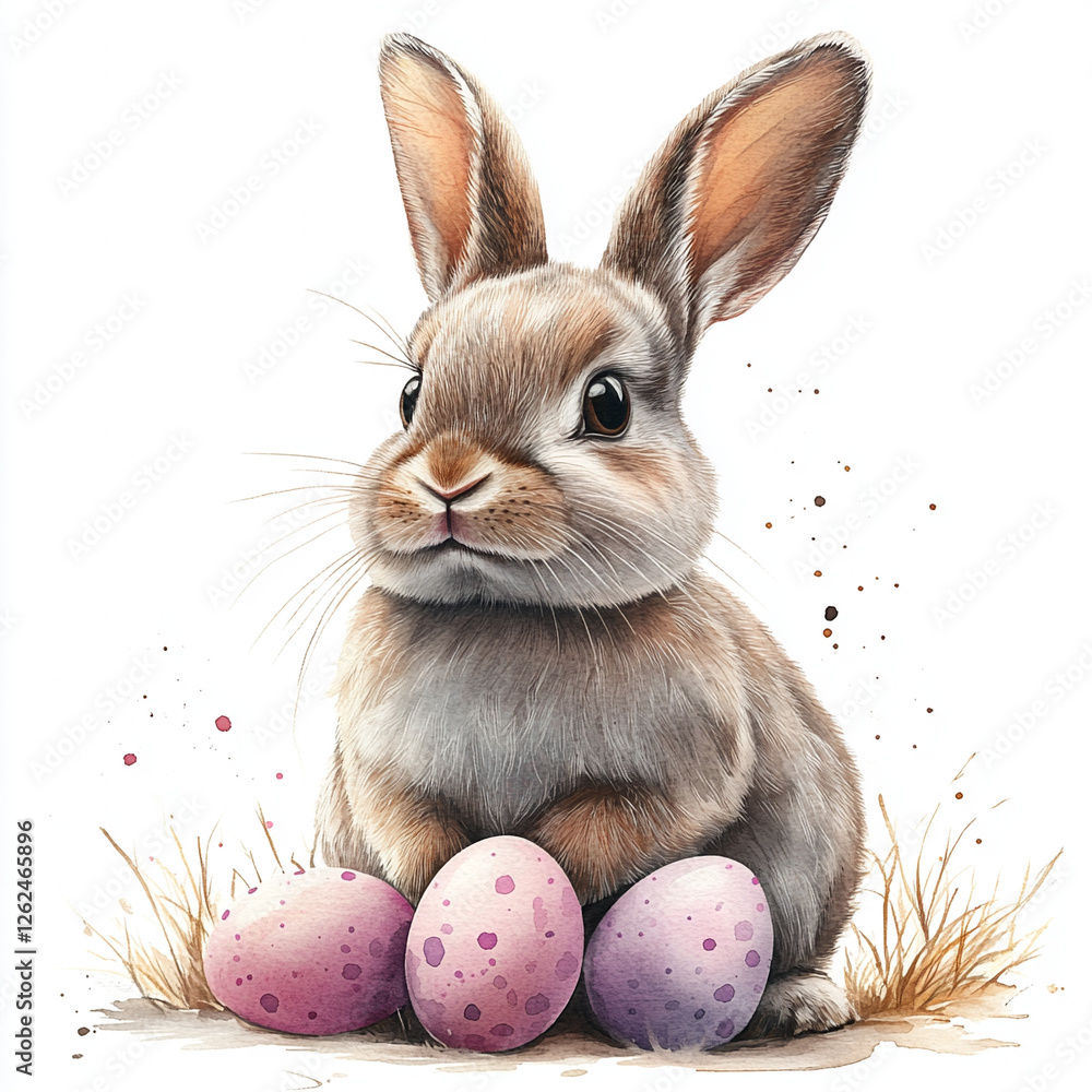 Obraz premium Easter bunny, Easter coloured eggs, daffodil flowers and green grass. Easter card.