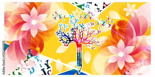 Colorful pencil tree vector illustration with  hummingbirds. Design for creative writing and creation, storytelling, blogging, education, book cover, article and website content writing, copywriting	