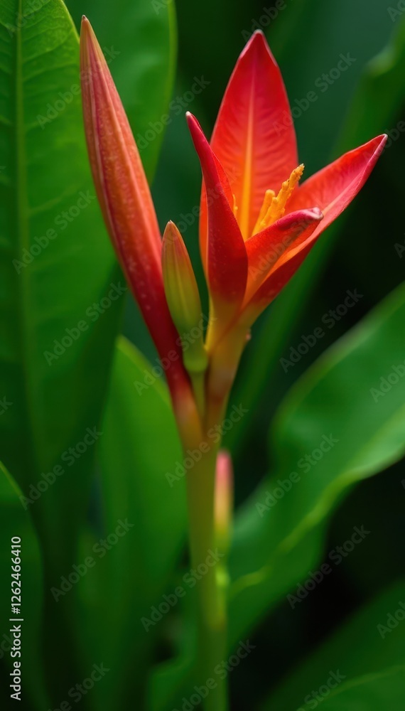 Obraz premium Close-up of red and green kangaroo paw flower on green leafy background, color, garden, blossom