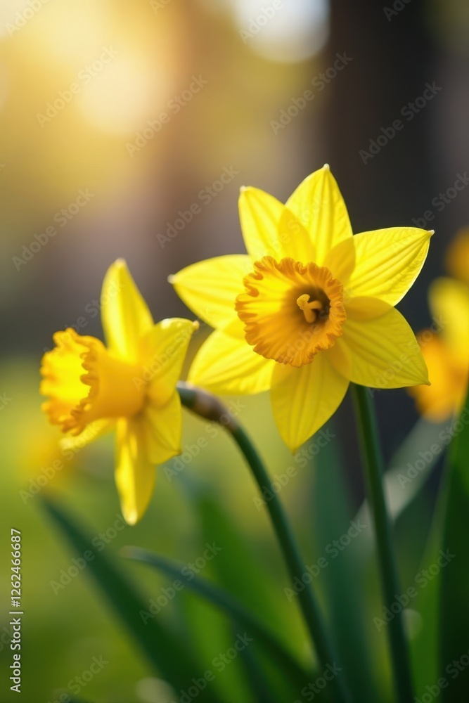 Obraz premium Close-up of vibrant daffodils, blurred background, sunlight, beautiful, closeup, background