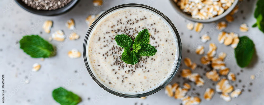 Healthy smoothie with chia seeds, oats, and mint leaves Healthy smoothie with chia seeds, oats, and mint leaves