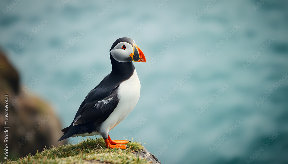 Fototapeta premium Puffin standing on a grassy cliff edge with a blurred background of the sea, vintage. with white shades