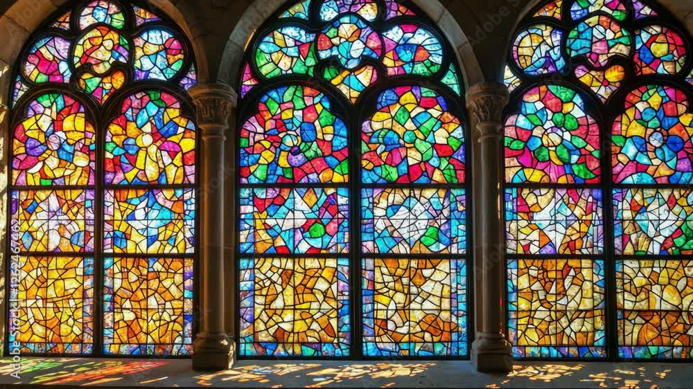 Vibrant stained glass windows casting colorful patterns in an ancient stone structure Vibrant stained glass windows casting colorful patterns in an ancient stone structure