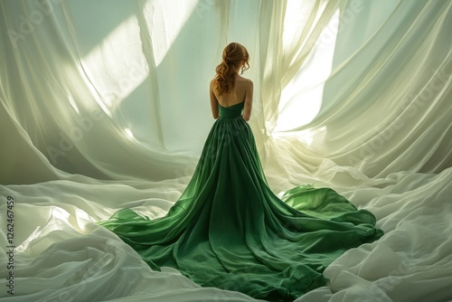 Wallpaper Mural Redhead woman in elegant emerald green gown, posing against flowing white fabric, back view. Torontodigital.ca