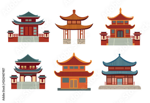 Asian traditional buildings set, flat vector illustration, cartoon asian house clip art, traditional oriental architecture, ancient asian home and gate