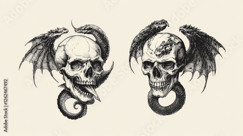 Wallpaper Mural Tattoo master salon, fantasy club t-shirt print template. Human skull, fairy tale dragon or griffin silhouette and cobra snake engraved vector. Tattoo studio emblem, magic club apparel custom print Torontodigital.ca