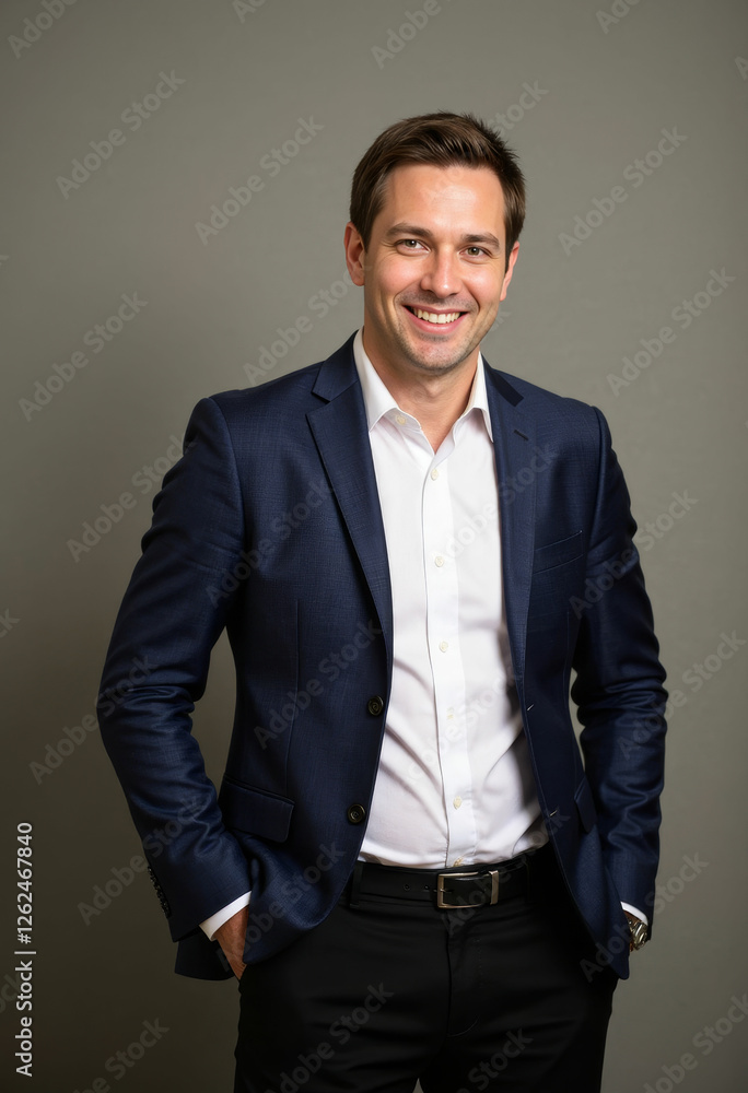 Smiling man in a blue suit with hands in pockets Smiling man in a blue suit with hands in pockets