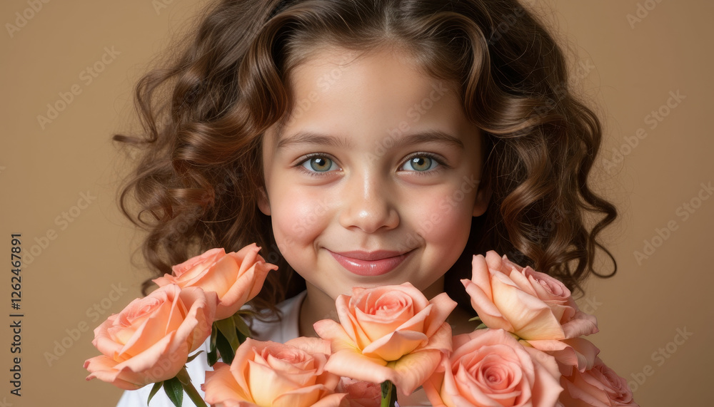 Smiling Girl with Roses on Beige Background Smiling Girl with Roses on Beige Background