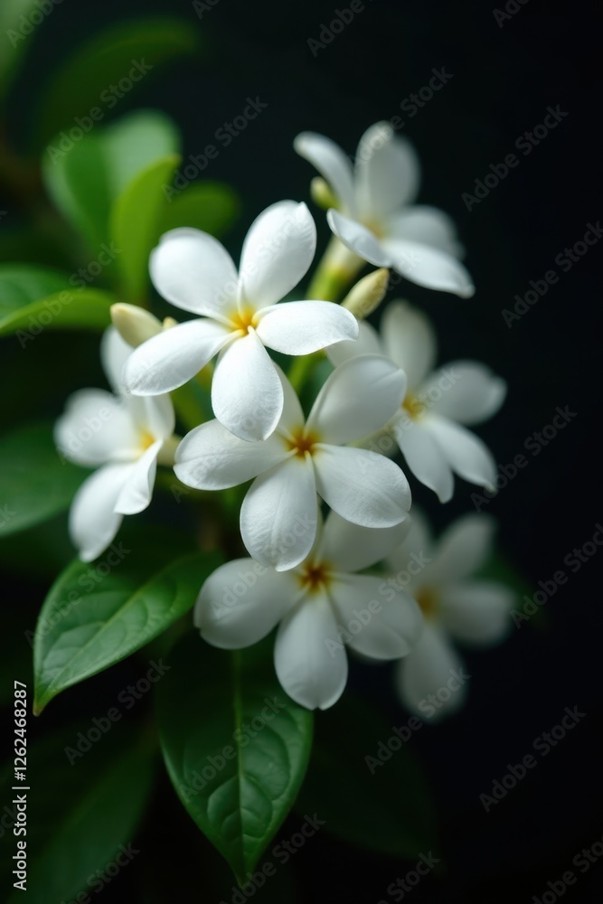 Clusters of jasmine flowers, intensely white against deep black , elegance, spring Clusters of jasmine flowers, intensely white against deep black , elegance, spring