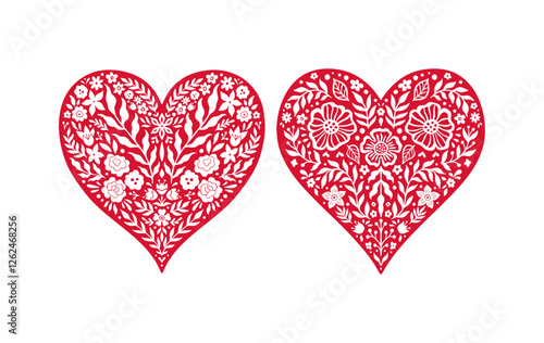 Boho Floral Heart Silhouette Set. Hand Drawn Love Wreath in Linocut Style. Celestial Flower Heart Vector Illustration Isolated on White Background. Bohemian Clipart for Logo, Poster, T Shirt Print.