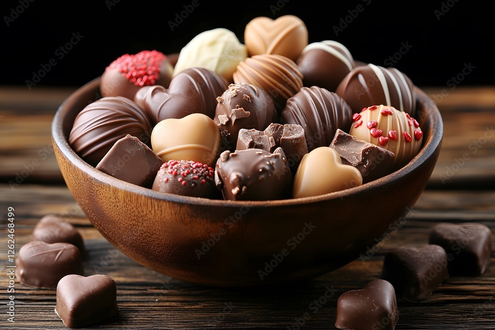 Assorted Gourmet Chocolate Truffles in a Rustic Wooden Bowl for Valentine's Day Gift Ideas Assorted Gourmet Chocolate Truffles in a Rustic Wooden Bowl for Valentine's Day Gift Ideas