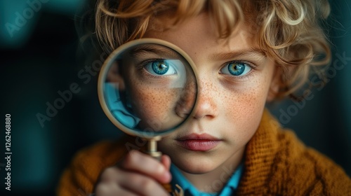 A close-up shot of a child observing an object through a magnifying lens.