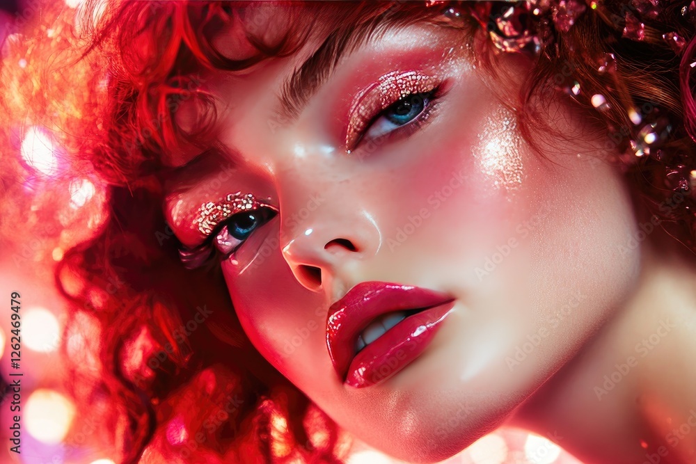 Fototapeta premium A beauty shot featuring a woman with a full - color eyeshadow look in red, pink, and gold tones
