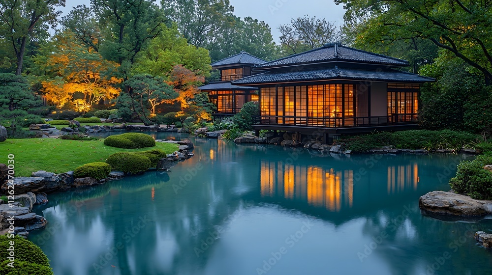 Fototapeta premium Serene Japanese Garden Pond Reflecting Moonlit Sky at Twilight