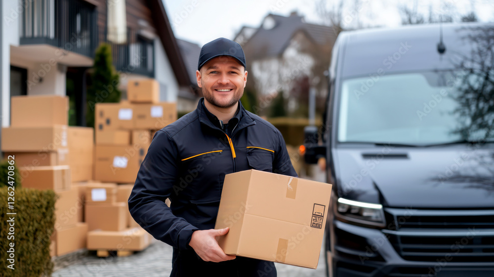 Handsome smiling delivery man in uniform holding cardboard box from delivery van. Moving and delivery concept. Handsome smiling delivery man in uniform holding cardboard box from delivery van. Moving and delivery concept.