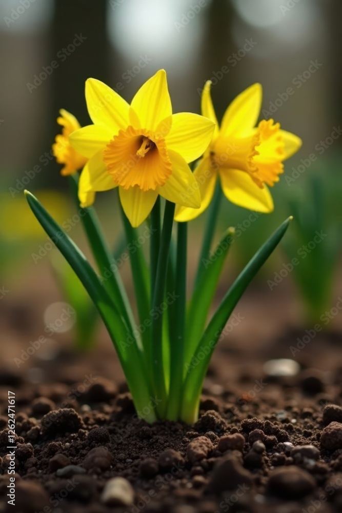Daffodil shoots emerge from rich brown soil, vibrant yellow blooms soon to unfurl , soil, earth Daffodil shoots emerge from rich brown soil, vibrant yellow blooms soon to unfurl , soil, earth