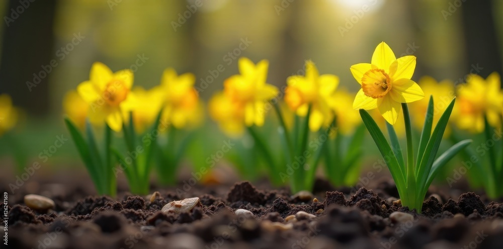 Obraz premium Daffodils pushing through rich soil, vibrant yellow blooms , detail, nature photography, spring