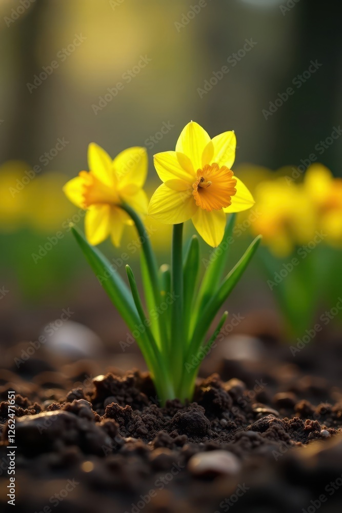 Daffodil shoots emerge from rich brown soil, vibrant yellow blooms soon to unfurl , springtime, soil, wildflower Daffodil shoots emerge from rich brown soil, vibrant yellow blooms soon to unfurl , springtime, soil, wildflower