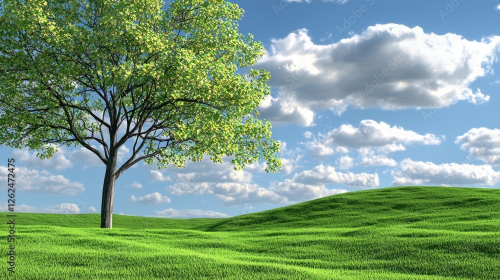 Fototapeta premium Springtime tree on grassy hills under a partly cloudy sky