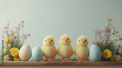 Fluffy yellow chicks standing on a wooden shelf with pastel blue and white Easter eggs, surrounded by yellow and purple flowers