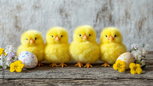 Four fluffy yellow chicks standing on a rustic wooden surface with colorful speckled eggs and bright yellow flowers,