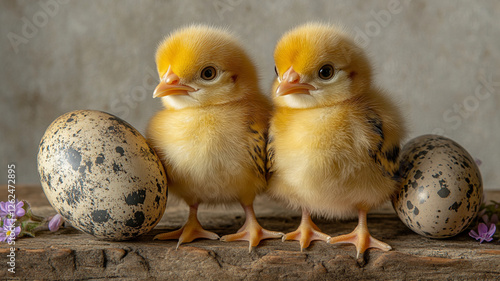 Two fluffy yellow chicks with black markings stand on a rustic wooden surface beside large speckled eggs
