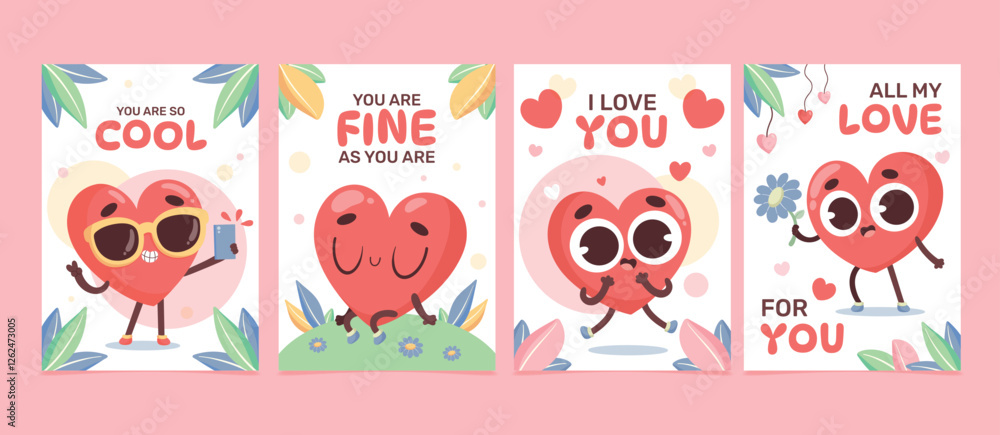 Fototapeta premium Cartoon hearts cards set in flat style