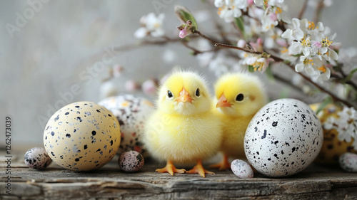Two fluffy yellow chicks standing on a rustic wooden surface surrounded by large speckled eggs and delicate white blossoms