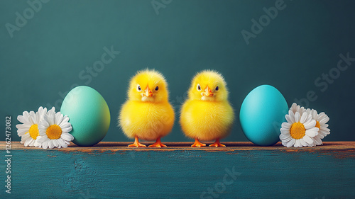 Two fluffy yellow chicks standing on a teal wooden surface with bright blue and green eggs and white daisies