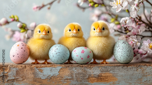 Three fluffy yellow chicks standing on a weathered wooden surface with pastel pink and blue speckled eggs, surrounded by cherry blossoms