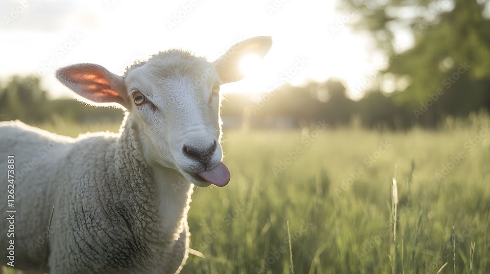 Obraz premium Sheep playfully sticking out its tongue, a moment of lighthearted charm