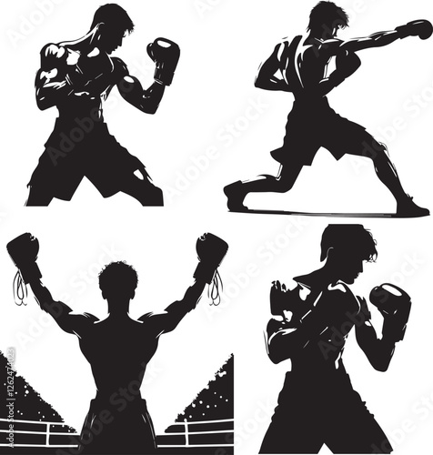 Boxer in a defensive stance, boxer throwing a jab punch, Boxer preparing to dodge an incoming punch, boxer raising their gloves in victory