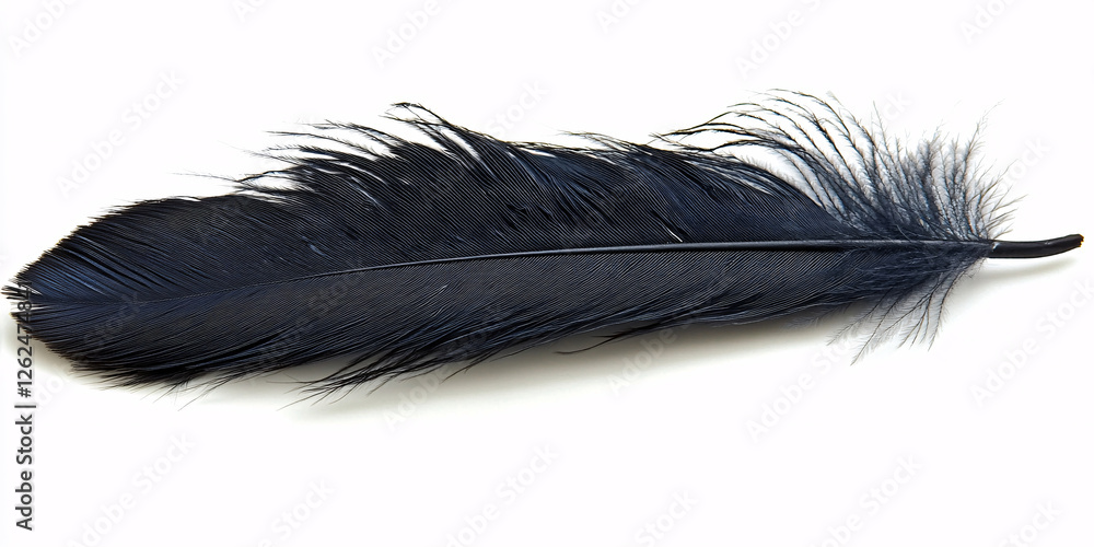 A single, black feather rests on a pristine white background. A single, black feather rests on a pristine white background.