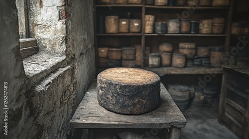 Wallpaper Mural Aged cheese wheel on rustic table in historic cheese cellar Torontodigital.ca