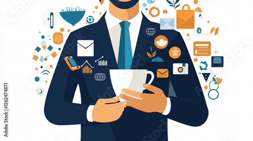 Professional Man Holding Coffee and Tech Icons for Digital Innovation