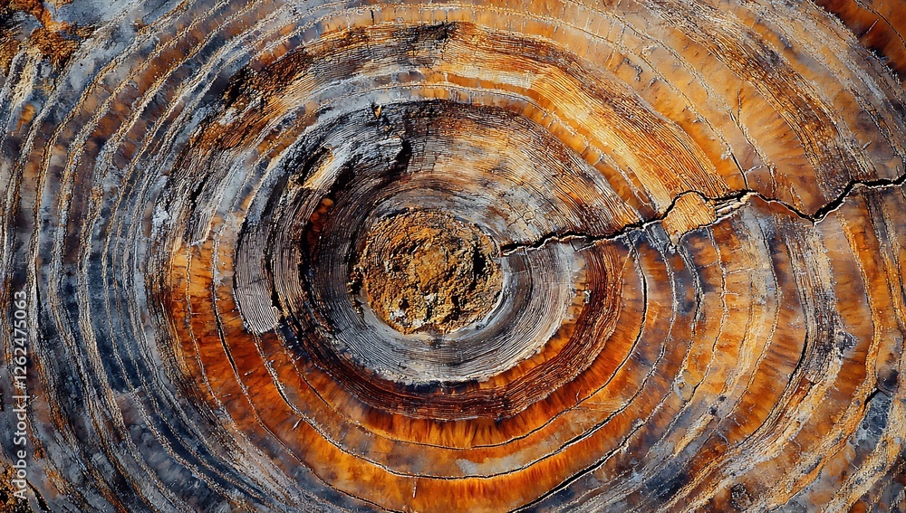 Fototapeta premium Intricate patterns of tree rings in a cross-section of dark wood, revealing the age and history of the tree, creating a beautiful and natural abstract design with rich texture