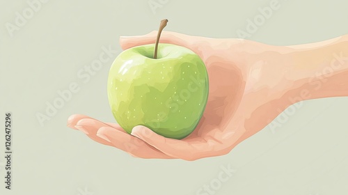 Green Apple in Hand Close-Up Vector Flat Illustration