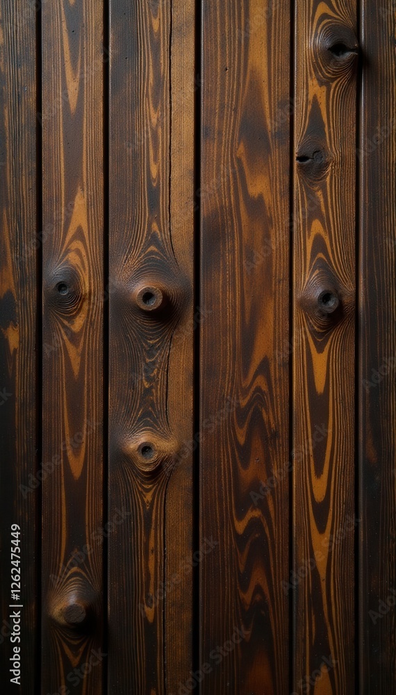 Fototapeta premium Deep brown wood grain, rustic knots, weathered texture, wood background, backdrop