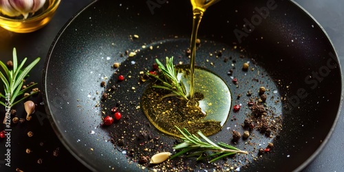 Fototapeta Naklejka Na Ścianę i Meble -  Black pan with oil and herbs in it