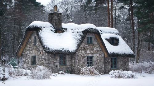 Quaint stone cottage with thatched roof covered in fresh snow photo