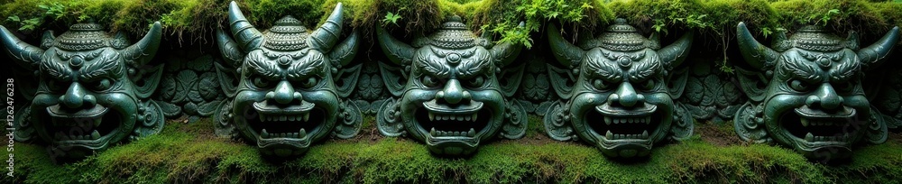Deeply carved demon faces, lush moss backdrop, Bali , horror, stone carving, green Deeply carved demon faces, lush moss backdrop, Bali , horror, stone carving, green
