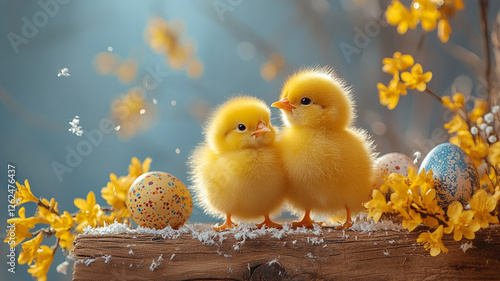 Two fluffy yellow chicks standing close together on a snow-dusted wooden log with speckled blue and yellow eggs