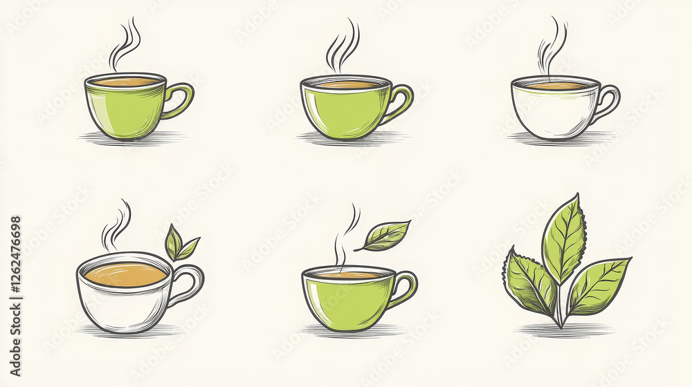 Collection of green or organic tea icons with vector doodle sketches in shades of green of steaming cups of tea each incorporating a leaf into the design for bio or eco concepts Collection of green or organic tea icons with vector doodle sketches in shades of green of steaming cups of tea each incorporating a leaf into the design for bio or eco concepts