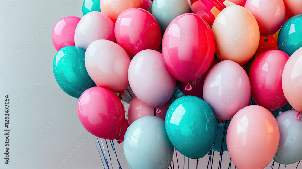 A vibrant cluster of colorful balloons, showcasing a spectrum of pinks, pastels, and teal shades. A vibrant cluster of colorful balloons, showcasing a spectrum of pinks, pastels, and teal shades.