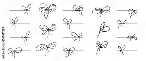 Simple hand-drawn gift ribbon bow with a neat knot in minimal outline style. Thin line vector icon set in clean doodle style. Perfect for present boxes, cards, and design elements