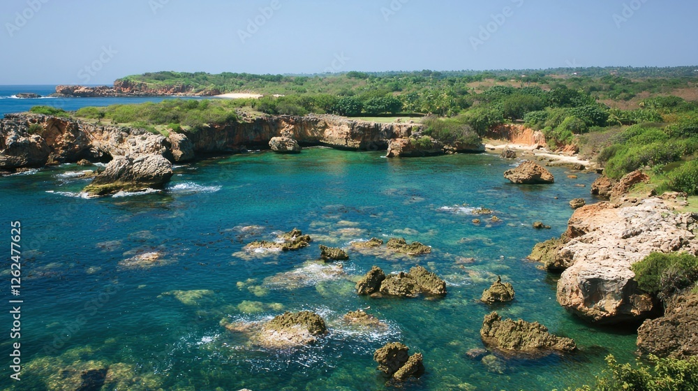 Obraz premium Coastal bay view, rocky cliffs, turquoise water, lush vegetation