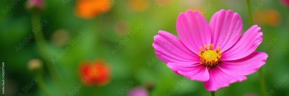 Delicate cosmos blossom, vibrant petals, green garden backdrop, bloom, sunlight Delicate cosmos blossom, vibrant petals, green garden backdrop, bloom, sunlight
