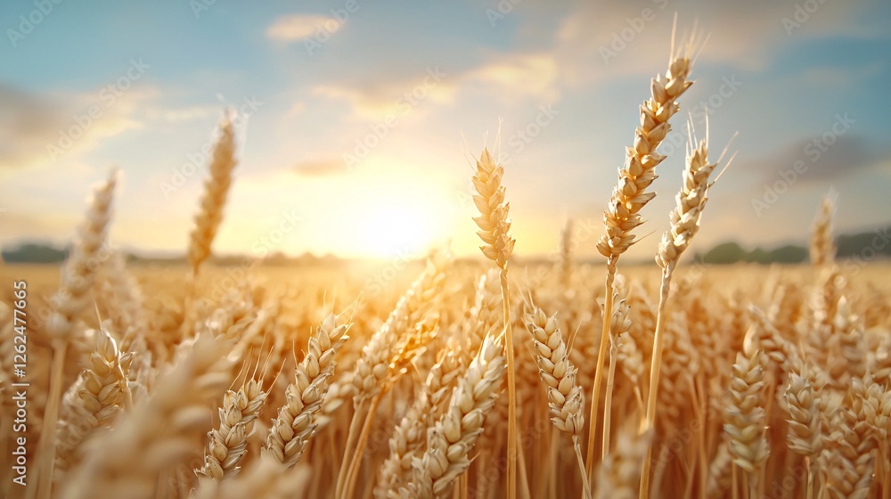 Fototapeta premium Golden Wheat Field Under Beautiful Sunset Sky with Soft Clouds