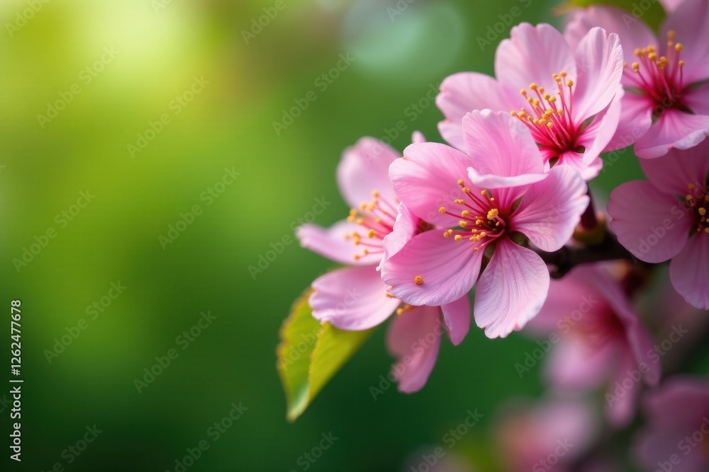 Delicate cherry blossom branch, vibrant pink flowers against lush green foliage , tree, botanical, green leaves Delicate cherry blossom branch, vibrant pink flowers against lush green foliage , tree, botanical, green leaves